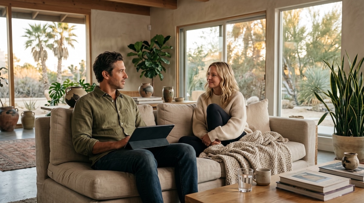 A couple lounging on their fashionable couch in Joshua Tree, discussing the best egg donation agencies in California while he searches on a tablet.
