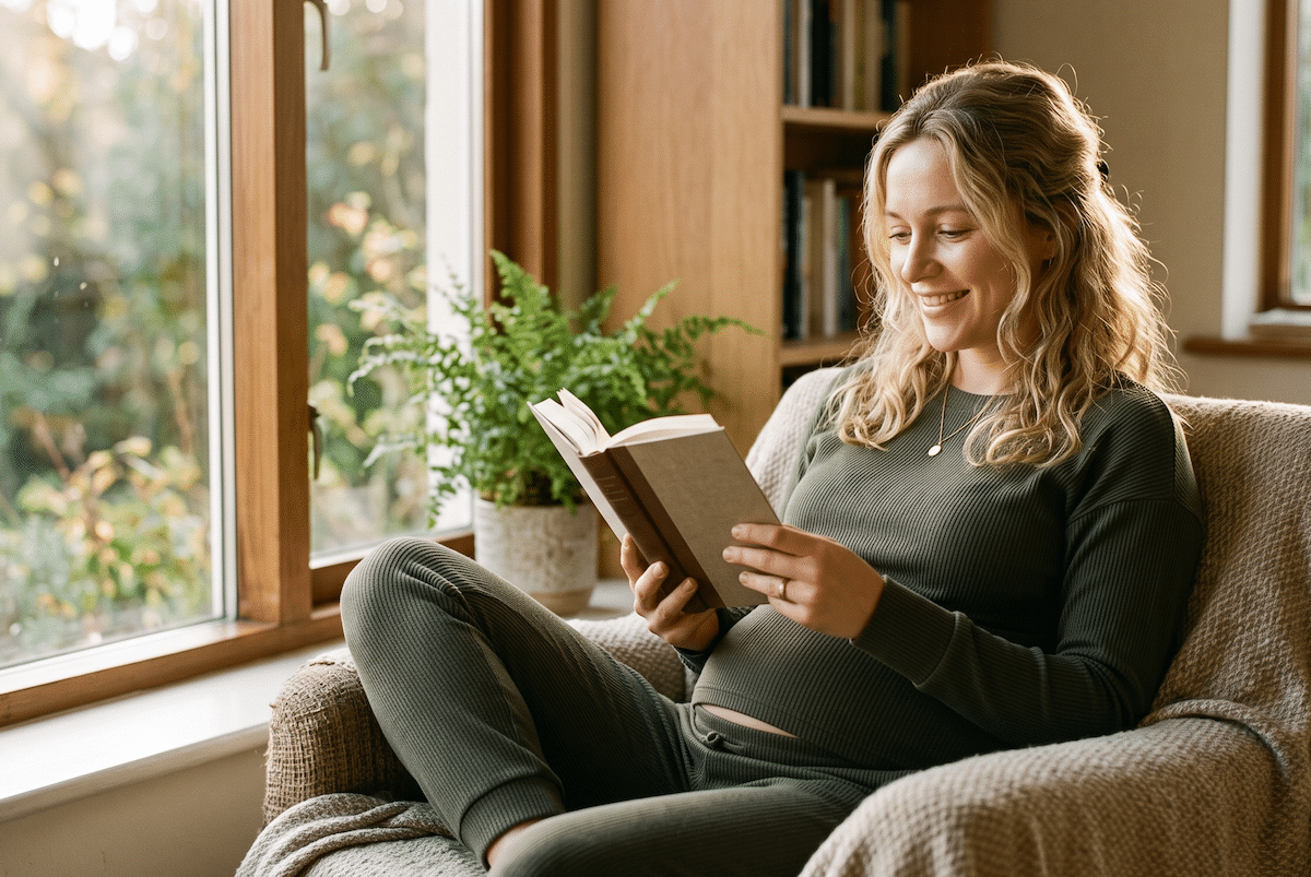 A young pregnant woman reading, wondering if she can be a surrogate after a c-section