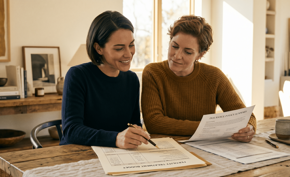 A same-sex pair wondering if insurance covers IVF and looking at their insurance and budget