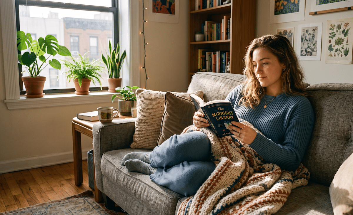 A young woman reading on her comfortable couch while she wonders about egg donor pay.