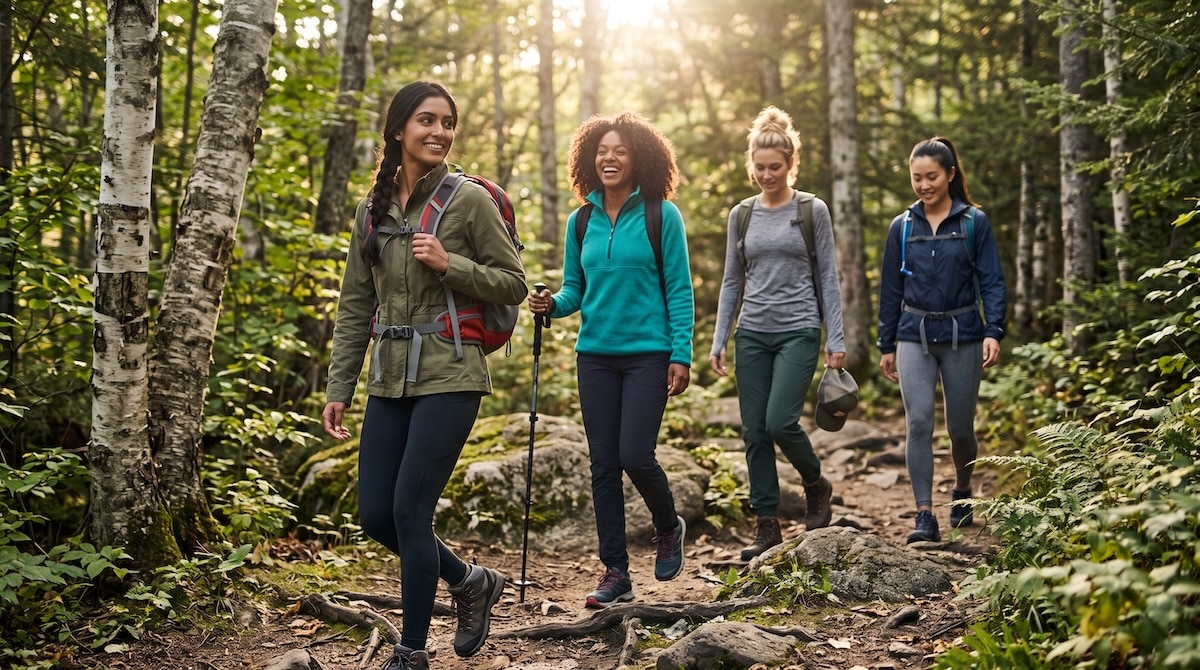 A group of beautiful young women hiking in the mountains, wondering about egg donor requirements.