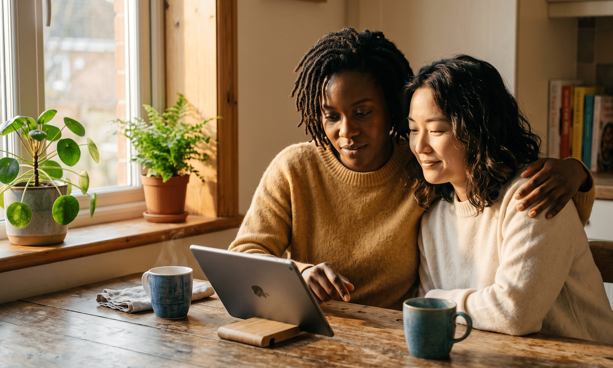 A female/female pair looking at a table, trying to find their sperm donor from Elevate Baby.