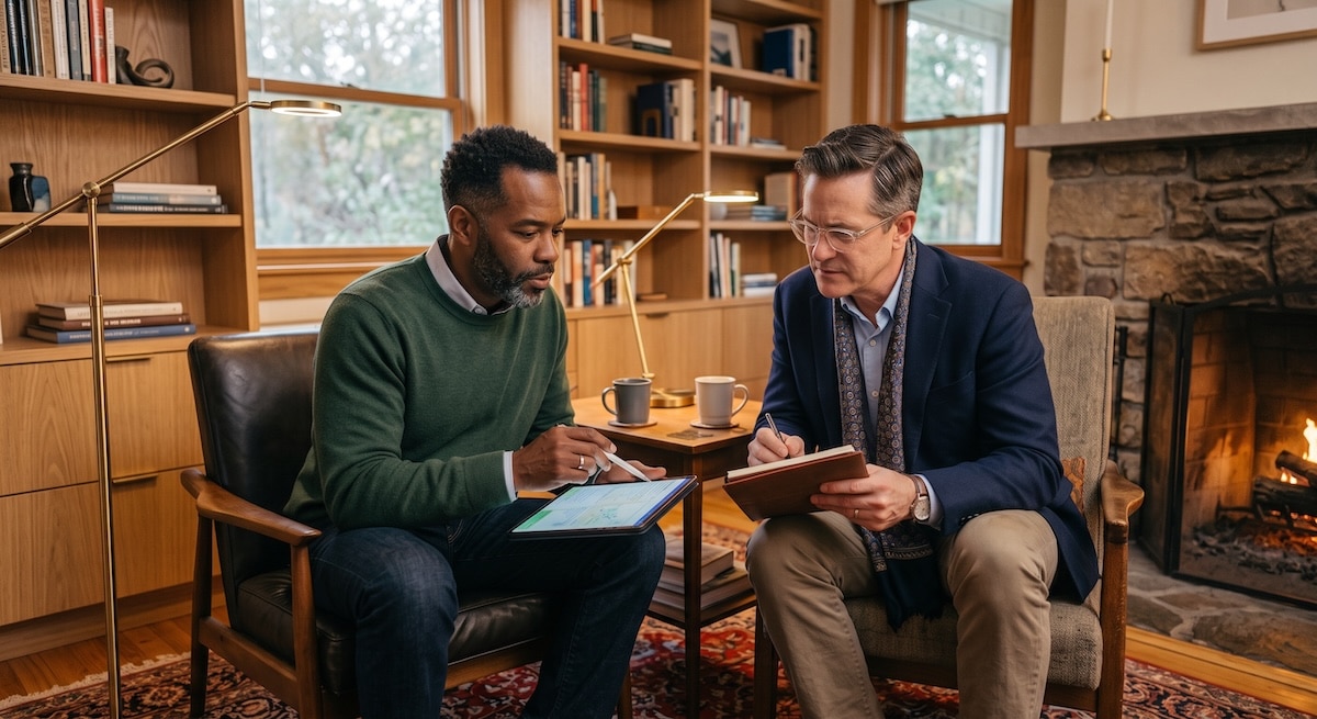 A male-male couple sitting in their modern library, comparing how egg donor agencies compare to clinics.