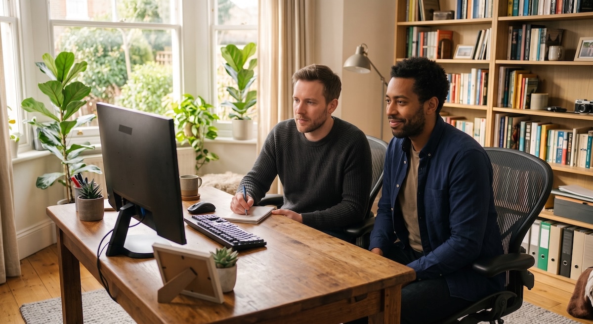 A couple in a light-filled office exploring how egg donor matching works for intended parents on a computer.