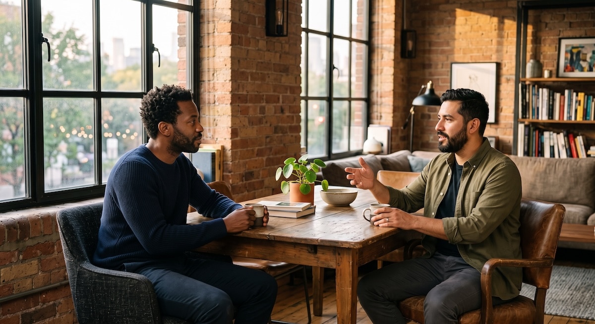 A male-male married couple having a discussion about how long surrogacy takes in their brick-filled loft.