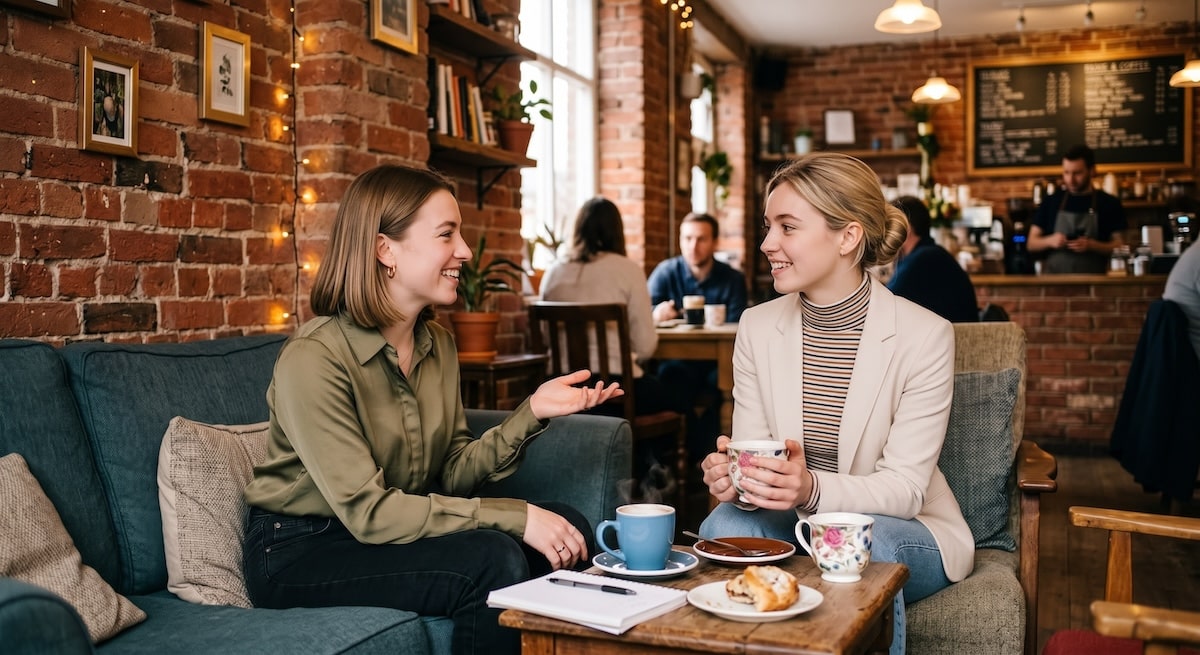 An image of two young women in a brick-filled coffee shop discussing egg donor pay
