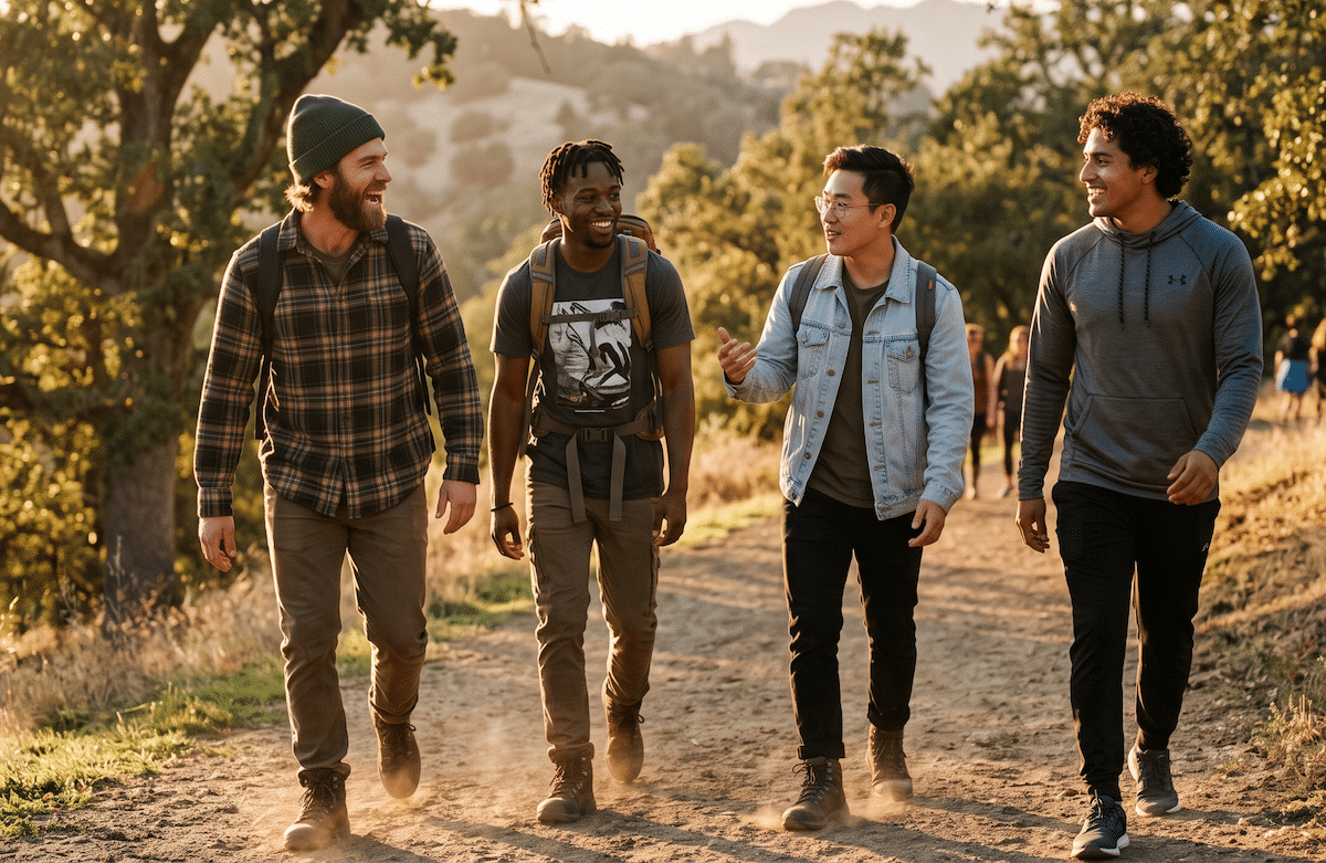 Four potential sperm donors on a hike in a dusty, natural landscape