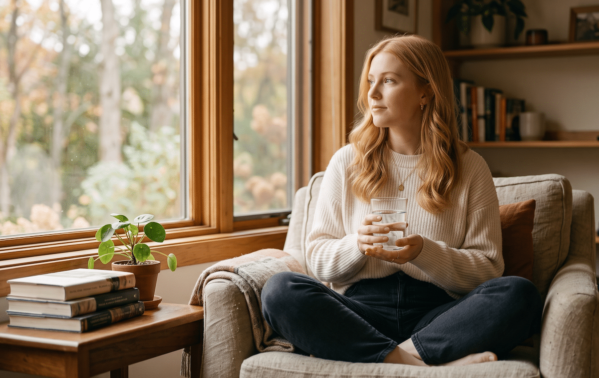 A young woman sitting by a bright window, considering the age requirements to become a surrogate
