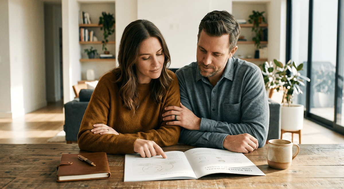 A loving couple sitting at a table preparing themselves for the surrogacy journey.
