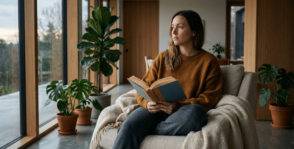 An image of a pensive, recovering woman reading a book to show what happens when a surrogate miscarries