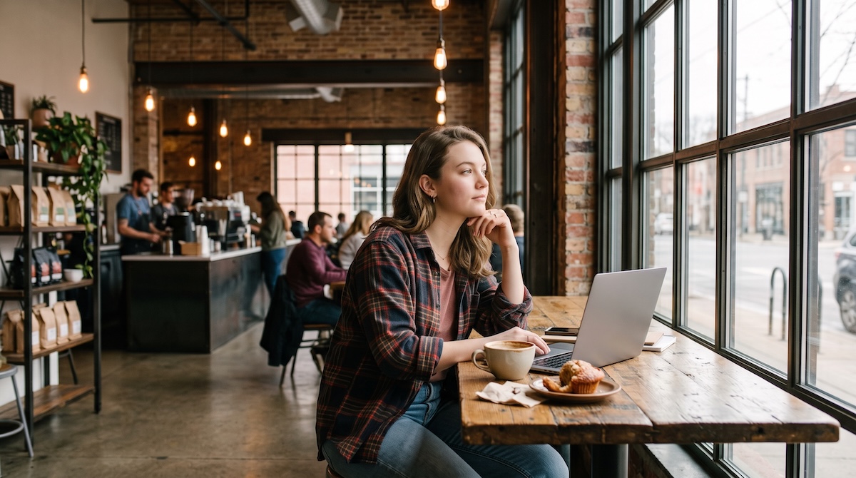 A young woman with a laptop, coffee, and muffin looks out the window of an industrial coffee shop as she contemplates the risks of egg donation.